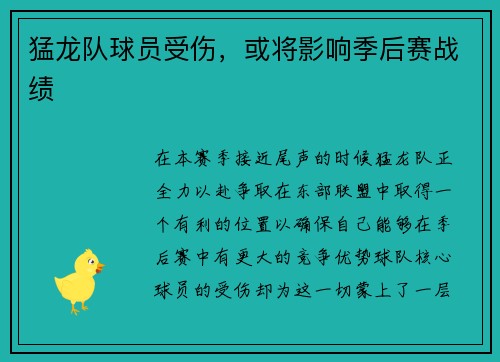 猛龙队球员受伤，或将影响季后赛战绩