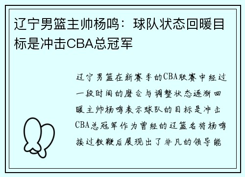 辽宁男篮主帅杨鸣：球队状态回暖目标是冲击CBA总冠军