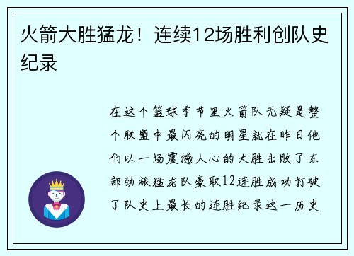 火箭大胜猛龙！连续12场胜利创队史纪录